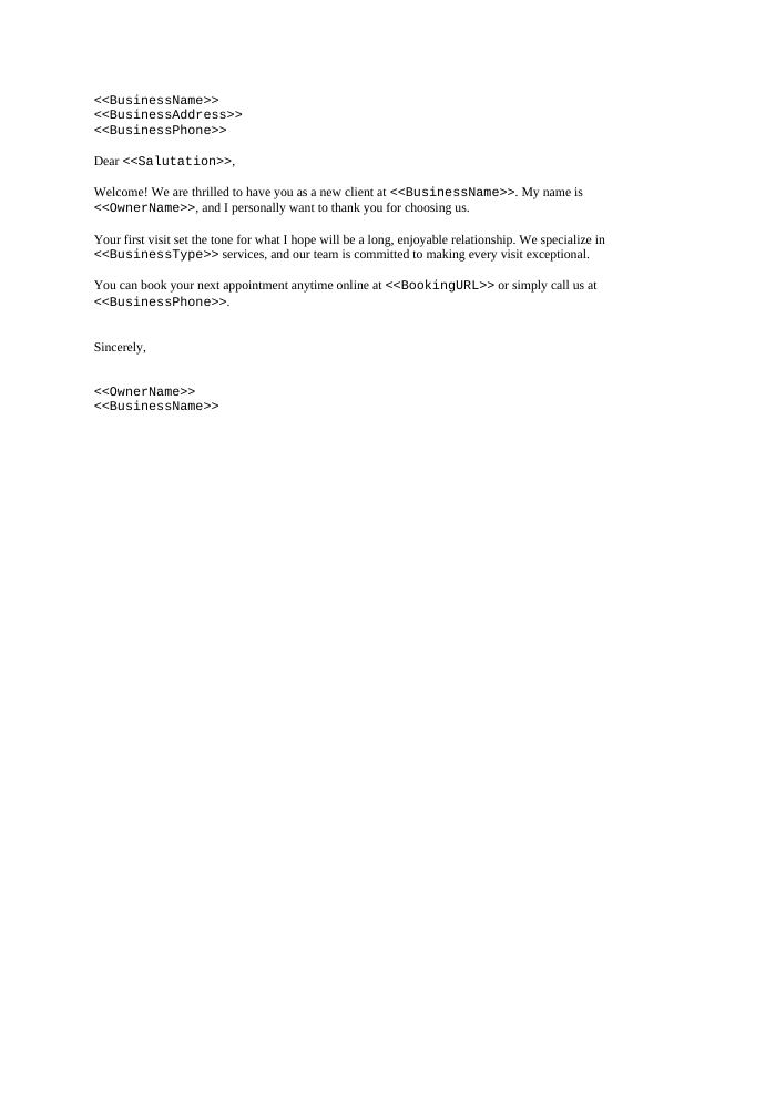 Preview of the New Client Welcome Letter template