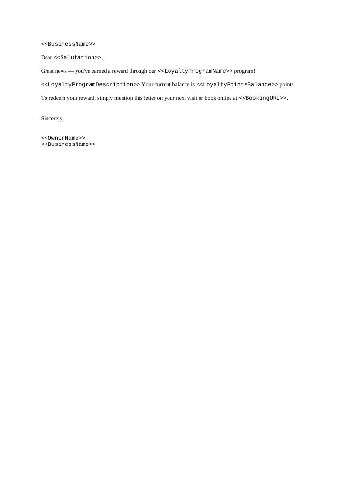 Preview of the Loyalty Reward Notice template