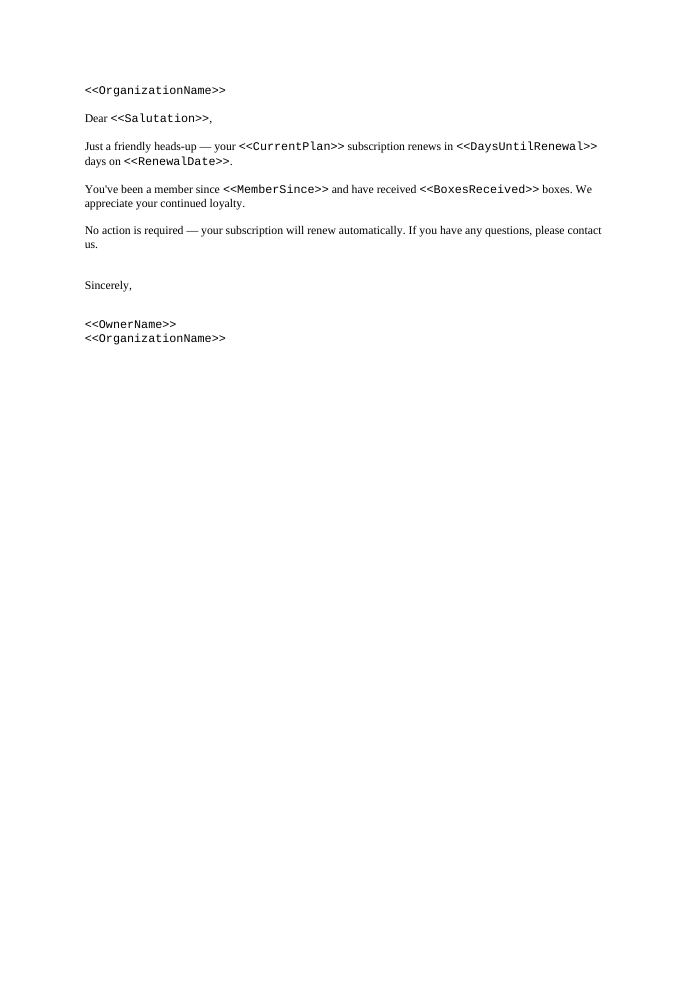 Preview of the Renewal Reminder (30 Days) template
