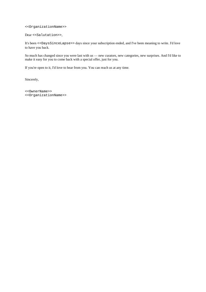 Preview of the Win-Back Letter template