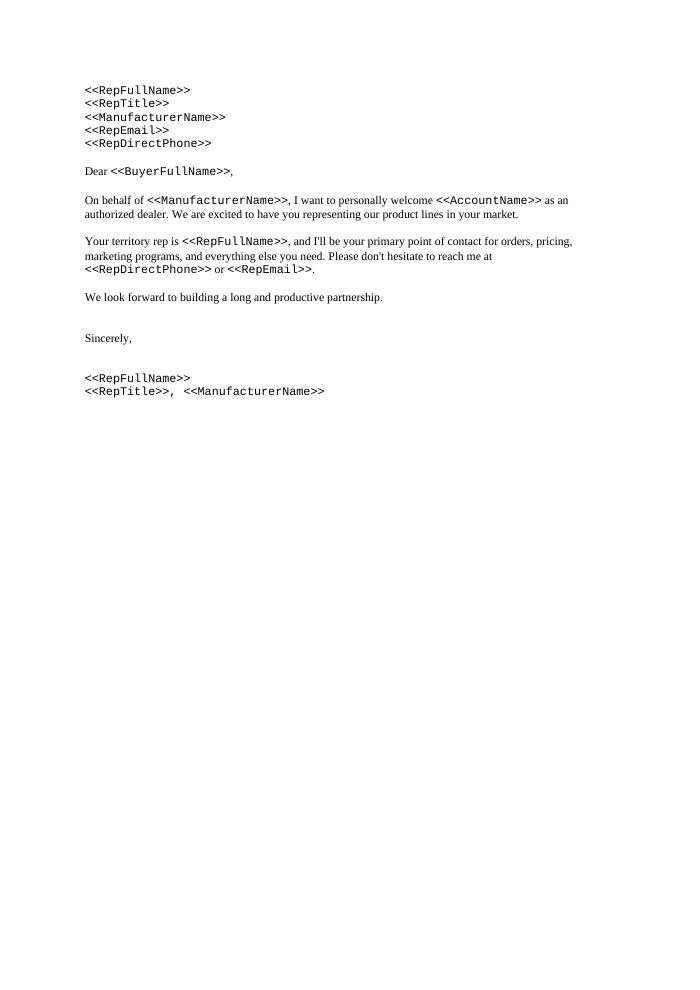 Preview of the New Account Welcome Letter template