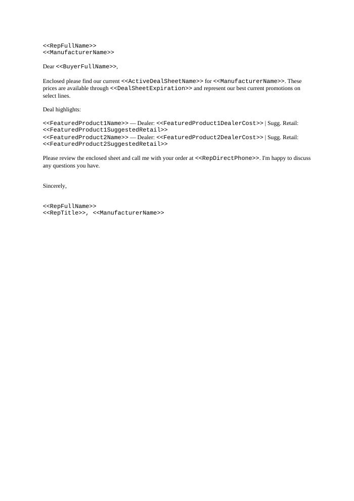 Preview of the Deal Sheet Cover Letter template