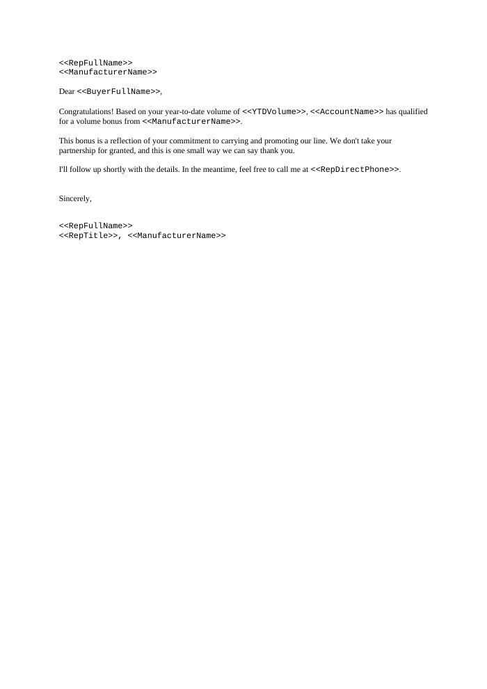 Preview of the Volume Bonus Notice template